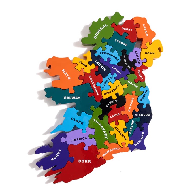 A wooden jigsaw map of Ireland's counties